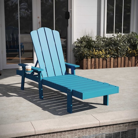Flash Furniture Sonora Adjustable Adirondack Lounger w/Cup Holder, All-Weather Recycled HDPE Lounge Chair in Blue LE-HMP-070-01-BL-GG